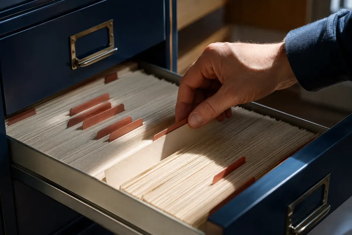 Tiroir d’archives ouvert, rangée de fiches cartonnées et intercalaires colorés