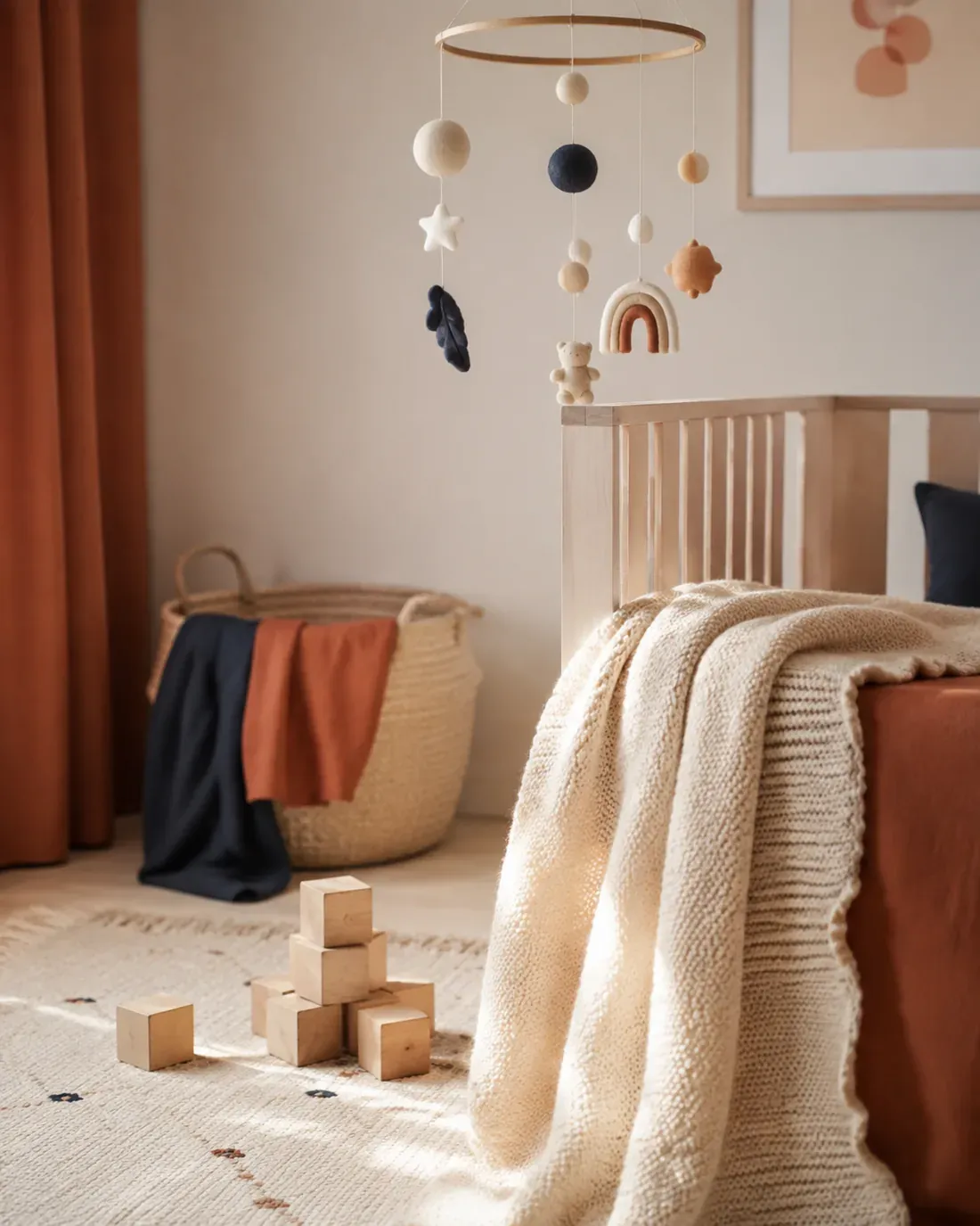 Coin de chambre d’enfant, couverture tricotée crème et cubes de bois
